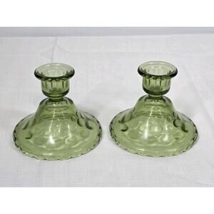 Pair of Vintage Green Glass Candle Holders Hazel Atlas